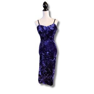 90s Vintage Crushed Velvet Evening Gown in Deep Indigo Blue/Purple, Size L